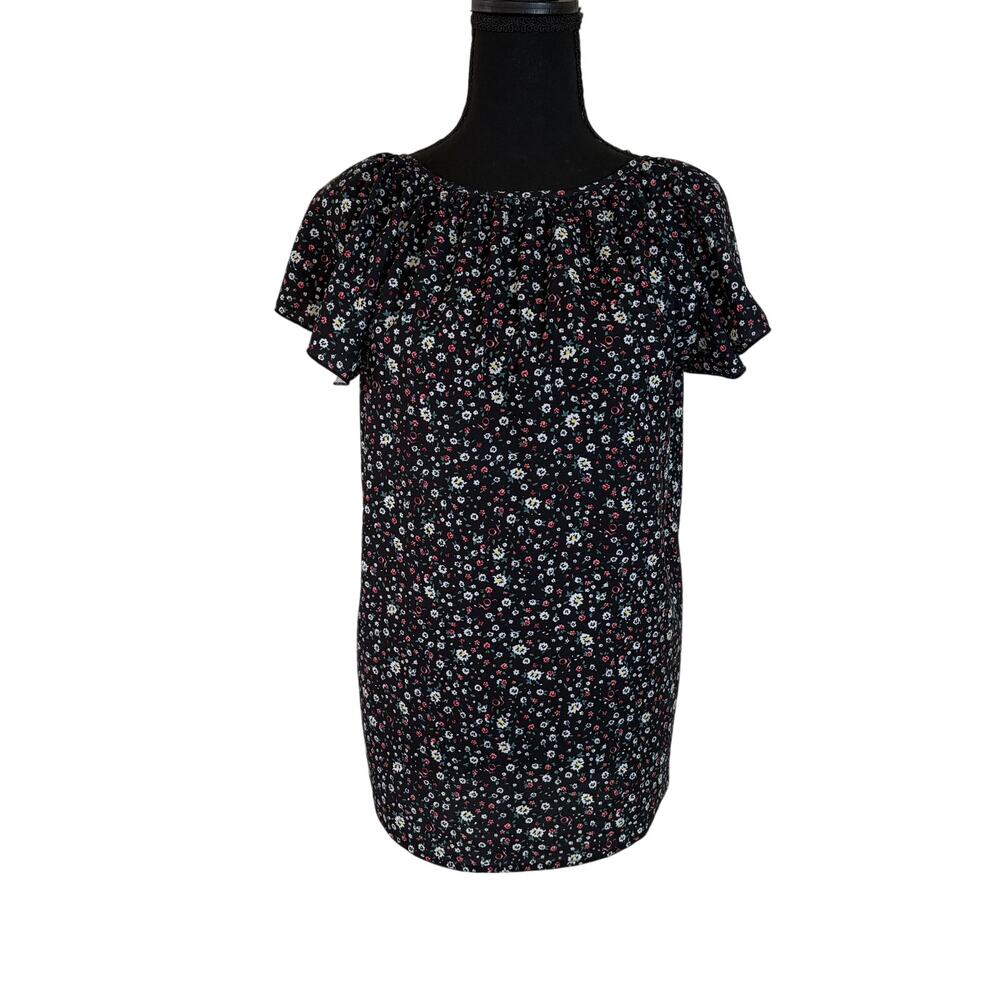 SimpleFun Floral Tie Neck Blouse M Black